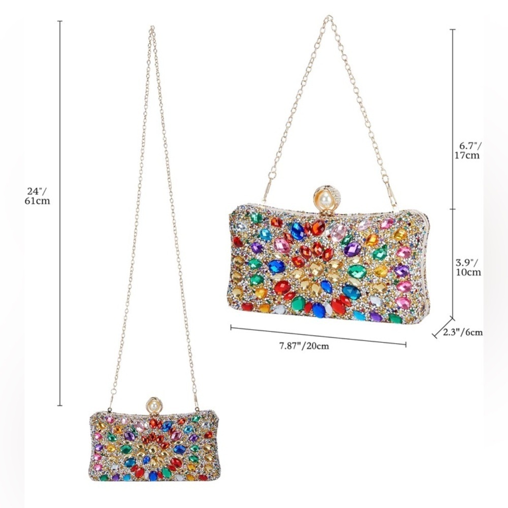 Multicolor Rhinestone Clutch w/Chain Strap - Picture 2 of 9